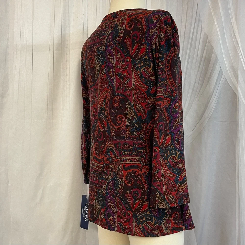 Chaps Multicolor Paisley V-Neck Blouse Vibrant Design Office Business Top Tunic - Picture 3 of 8